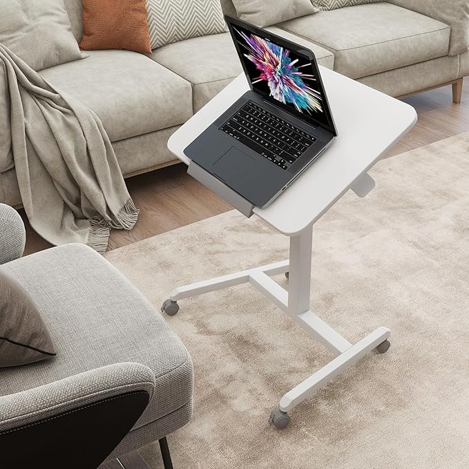 PUNCIA 90°Tiltable Small Standing Desk with Stoppers Mobile Rolling Laptop Table on Wheels Pneumatic Adjustable Height Computer Workstation Stand Up Cart Bedside Overbed Table for Home Office White