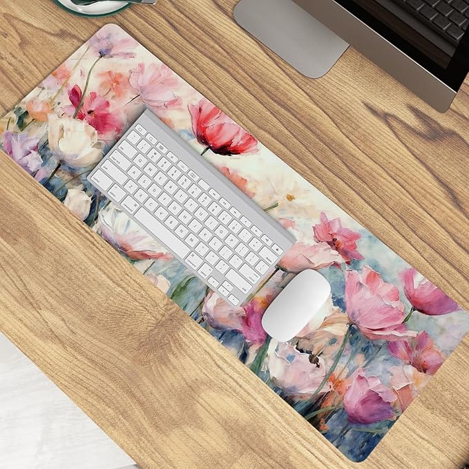 Pink Spring Tulip Floral Mouse Pad,Summer Flower Mouse Pads,Aesthetic Romantic Flower Desk Mat,Elegant Botanical Cottagecore Floral Desk Mat for Home Office Dorm Desktop Decor,31.5x11.8 Inch