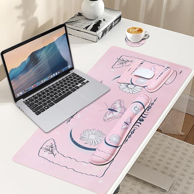 MEGREZ 4-in-1 Ergonomic Memory Foam Wrist Rest Set, Desk Pad, Mouse Pad with Wrist Rest, Keyboard Pad, Suitable for Office Workers, Programmers & Gamers–Relieve Typing & Gaming Fatigue,