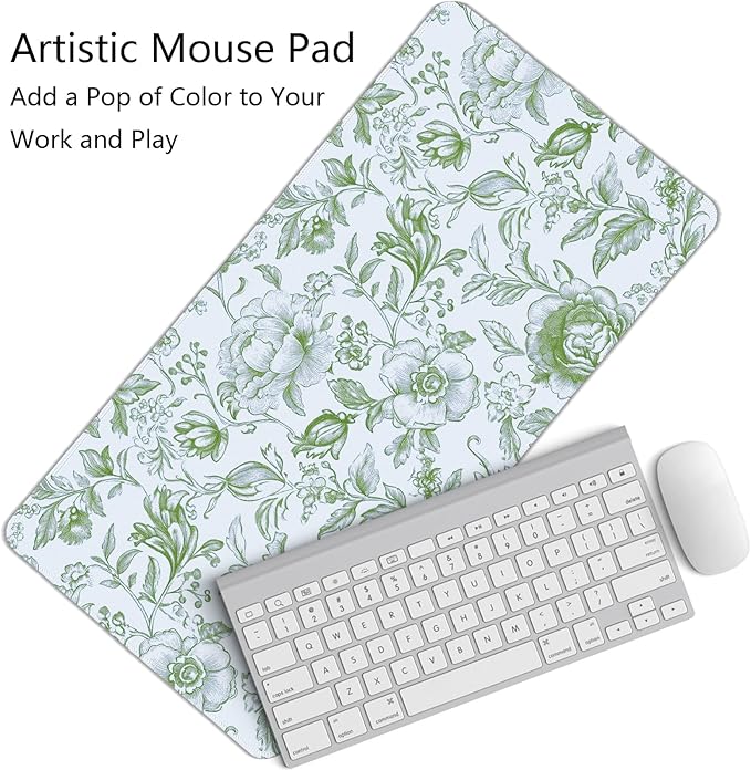 Sage Green Chinoiserie Mouse Pad,Sage Green Floral Desk Mat,XL Large Greens Floral Preppy Trendy Mouse Pad,Girly Gaming Mousepad,Girly Laptop Desk Mat for Dorm Home Office,23.6x11.8 Inch