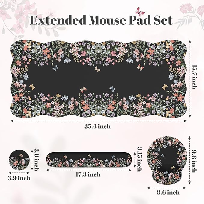 iLeadon Floral Desk Cover Mat Cute, Ergonomic Mouse Pad and Keyboard Wrist Rest, Smooth Mouse Pad Set, Non Slip Scalloped Desk Pad Mat for Keyboard and Mouse Set Women Aesthetics(Black)