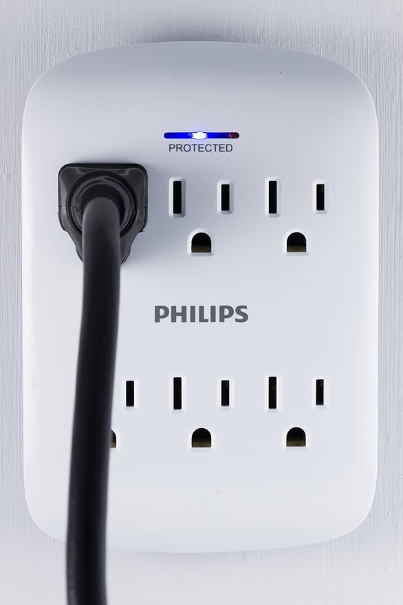 Philips 6-Outlet Extender Surge Protector, 900 Joules, 3 Prong, Space-Saving Design, Protected Indicator LED Light, 4 Pack, White, SPP3469WA/37