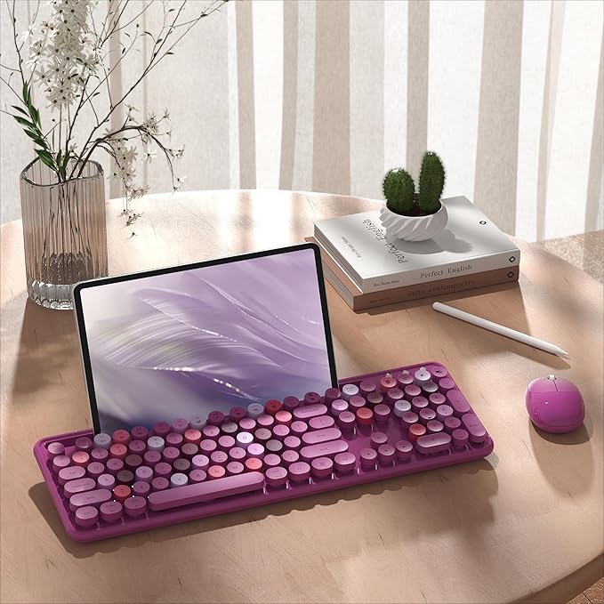 Colorful Wireless Computer Keyboard and Mouse Combo with Phone Holder, Wrist Rest, Typewriter Keys, 2.4GHz Wireless, Full-Sized Optical Mouse for PC and Laptop (Rose-Red)
