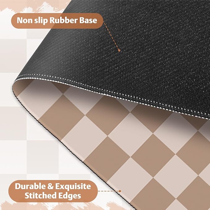Big Desk Pad Mouse Pad, Large Gaming Mouse Mat with Stitched Edges, Non-Slip Waterproof Rubber Base Mous Mat for Office Computer Keyboard Laptop Home Decor (35.4X17.5 in), Milk Tea Brown Checkered