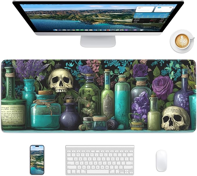 Skull Mouse Pad, 31.5 x 11.8 Large Desk Mat with Stitched Edges & Non-Slip Base, Mousepad for Office, Home, Work, Colourful Skulls