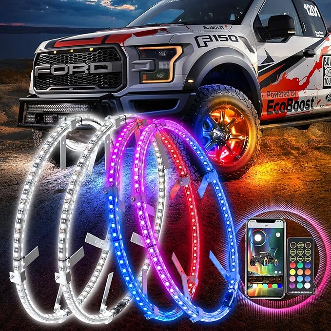 17inch Double Row Wheel Lights with APP & Remote Control, RGB Chasing Wheel Ring Lights with Turn & Braking Signal Compatible with Various Trucks, SUV, and Cars