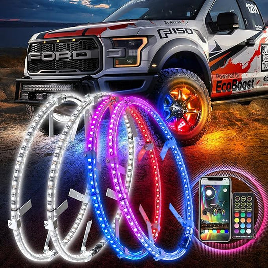 17inch Double Row Wheel Lights with APP & Remote Control, RGB Chasing Wheel Ring Lights with Turn & Braking Signal Compatible with Various Trucks, SUV, and Cars