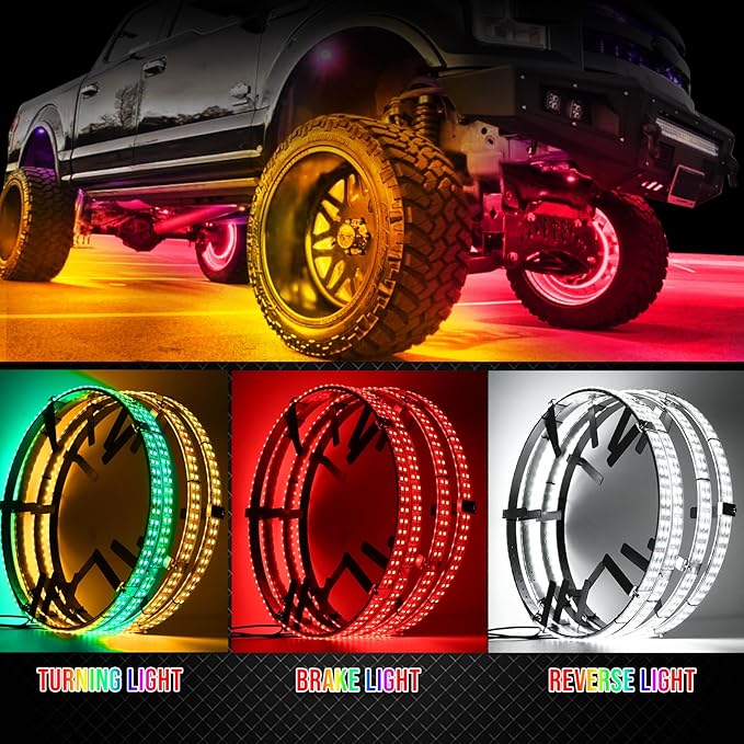 Adjustable 14-18inch 2-Rows Adjustable Wheel Ring Lights, RGBW Wheel Lights for Truck, LED Chases Dancing Color Rim Lights Fit for All Truck Pickup Car SUV Off-Road 4 Wheels Vehicle