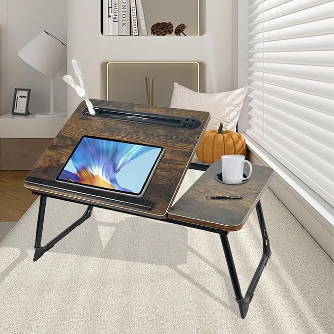 Laptop Desk for Bed, Laptops Bed Tray Desk with 5 Different Angles, Foldable Laptop Bed Table with USB Charge Port and Cup Holder for Writing Working (Rustic Brown)
