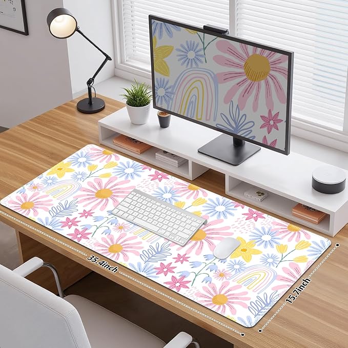 Lovely Desk Pad Mouse Pad, Large Gaming Mouse Mat with Stitched Edges, Non-Slip Waterproof Rubber Base Mous Mat for Office Computer Keyboard Laptop Home Decor Women (35.4X17.5 in), Pink Wildflower
