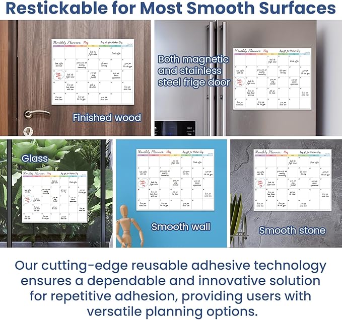 Non-Magnetic Dry Erase Calendar for Fridge - Reusable Monthly Calendar Sticks to Most Smooth Surfaces - 6 Dry Erase Markers Included - Shipped Flat