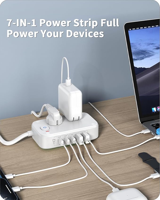 Portable USB Power Strip with 65W PD Fast Charging, 7-in-1 Flat Plug 3 USB-C 2 USB-A Ports 2500W AC Outlets, 175W Total Extension Cord for Home/Office/College/Travel (White)