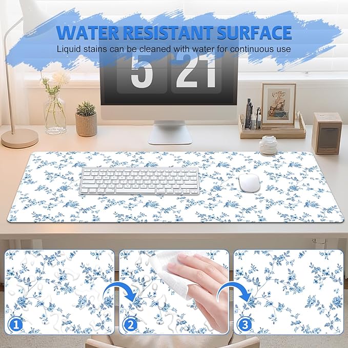 Mouse Pad, Cute Cool XXL Large Desk Mat for Desk Cover, Anti-Slip Big Mousepad with Stitched Edges, Keyboard Mat for Computer Desktop Table Protector I Delicate Blue Blossom