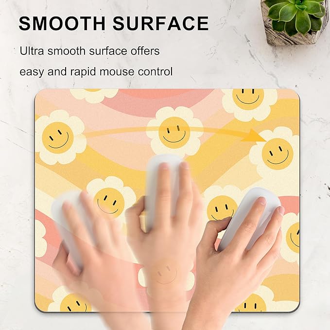 Smile Face Mouse Pad Desk Retro Orange Yellow Rainbow Cute Daisy Groovy Flower Mousepad Sun Floral Aesthetic Square Laptop Computer Office Small Portable Wireless Mat Accessories Girly Teacher