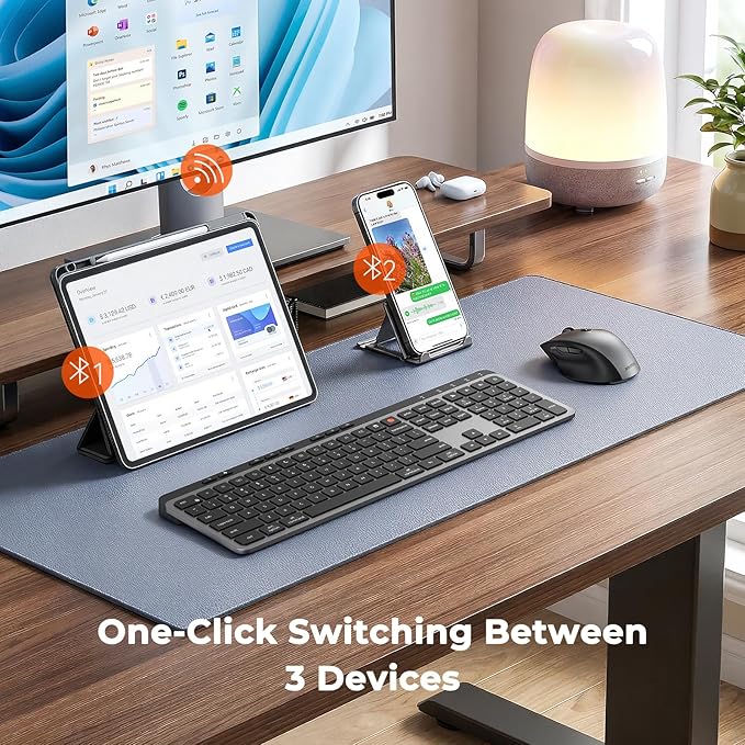 MEETION New Wireless Bluetooth Keyboard and Mouse, Dual Bluetooth and USB Full Size Rechargeable Keyboard with 4 DPI Ergonomic Mouse for Laptop/PC/Computer/iPad, Mac/Windows, C9990 Black Gray