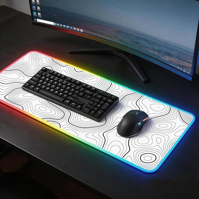RGB Mouse Pad LED Desk Mat Large Gaming Mousepad White with Black Topographic Line Design, Keyboard Pad XL Mouse Mat for Home and Office(White with Black Topographic Line)