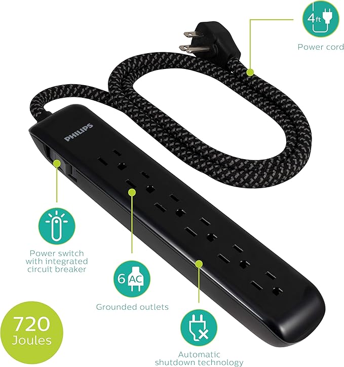 Philips 6 Outlet Surge Protector Power Strip, Designer Braided Power Cord, 4 Ft Power Cord, Flat Plug Extension Cord, Perfect for Office or Home Decor, 720 Joules, ETL Listed, Black, SPC3064BD/37