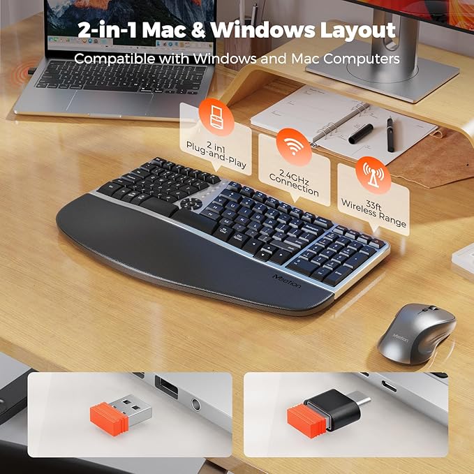MEETION Ergonomic Wireless Keyboard and Mouse Combo, 2.4G Curved Compact Keyboard with Cushioned Palm Rest, 4 Level DPIs Adjustable Wireless Mouse, for Windows/Mac/Desktop/Laptop/PC, Gray Black