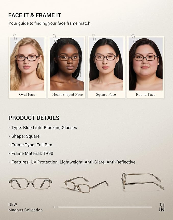 TIJN Magnus Square Blue Light Blocking Glasses for Women Men,Rectangular Computer Glasses for Gaming Work Screen Use,TR90