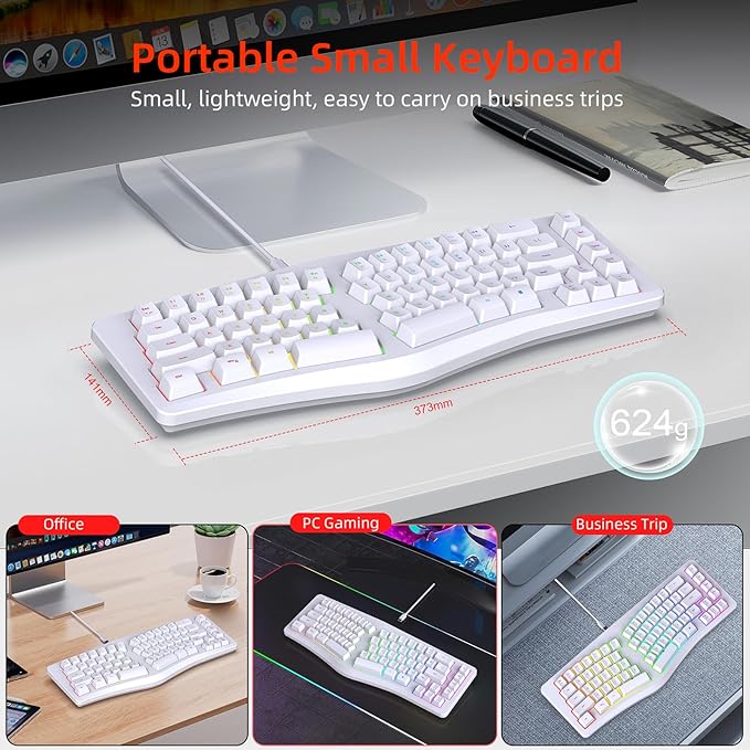 HXMJ-Wired Ergonomic Gaming Keyboard,Mechanical Feel,Detachable USB Cable,69 Keys,RGB Backlit-White