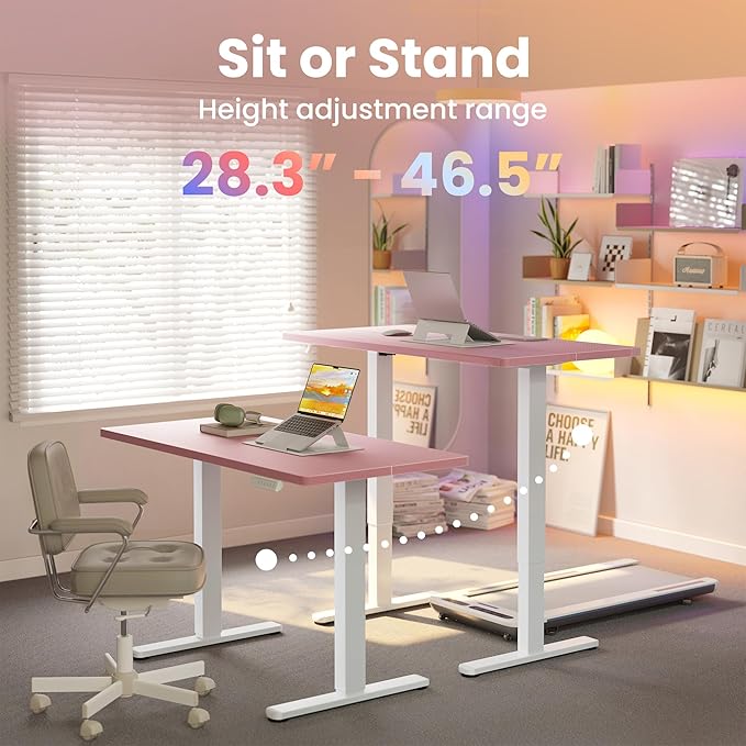 HUANUO Electric Standing Desk,48" x 24" Height Adjustable Desk, 4 Memory Height Settings, Sit to Stand Up Desk for Home Office, with Headphone Hook, Cable Manager, Pink