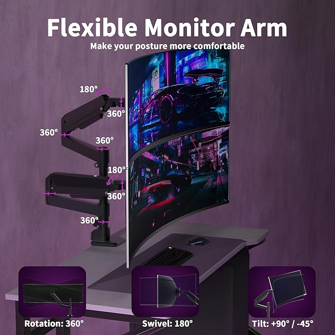Dual Monitor Arm for 17-49 Inch Ultrawide Screens, Dual Monitor Mount Heavy Duty up to 44lbs, Adjustable Vertical Stacked Full Motion Dual Monitor Arm Desk Mount, 75/100mm VESA Mount, Black
