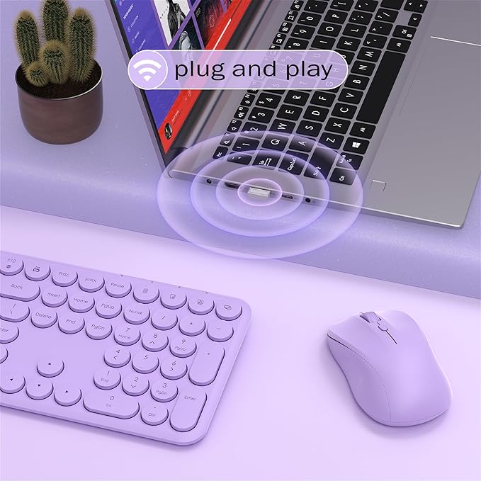 Wireless Keyboard and Mouse Combo, 110 Round Quiet Keys, Adjustable Optical Mouse, Share 1xUSB Receiver, Power Switch, for Windows Mac(Purple)