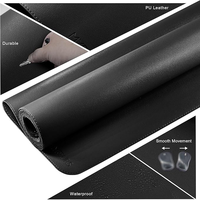 Mydours 59" x 15.7" Oversized PU Leather Desk Mat with Anti-Slip Suede Backing, Waterproof Surface, Black - Massive Workspace for Laptop, PC, and Accessories, Desk Cover for Office, Home, and Gaming