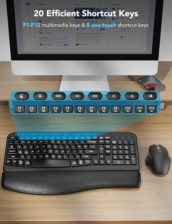 Wireless Keyboard and Mouse Combo – Ergonomic Wave Key, Built-in Leather Soft Palm Rest, 2.4G Full Size, 6-Button Mouse with 4-Level DPI, Dual USB-A/USB-C, MA12 for Windows & macOS Compatible- SABLUTE