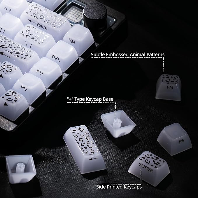 Womier Keyboard Keycaps Jelly, White Ceramic Keycaps Style, Leopard Print Key Cap,Transparent Side Printed Custom 60 65 75 100 Percent for Cherry MX,Gateron Mechanical Keyboards,MDA Profile