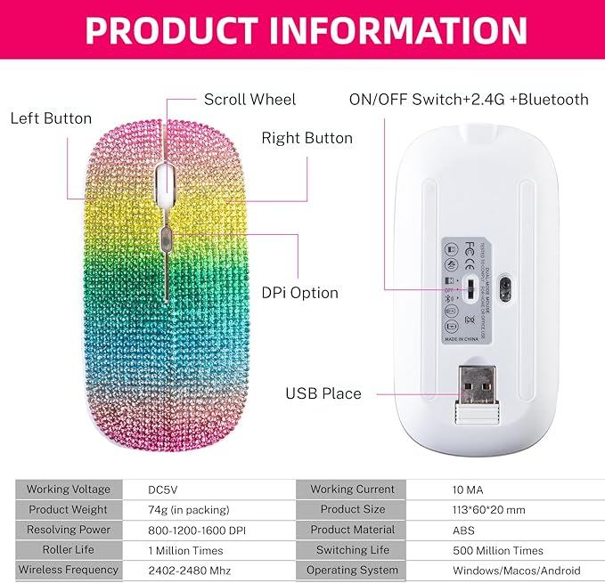 Bluetooth Mouse,Bling Dazzling 2.4GHz Rechargeable Wireless Mouse Slim with USB Receiver, Compatible with Notebook, PC, Laptop, Computer, MacBook,Great Gift idea for Her (Rainbow)