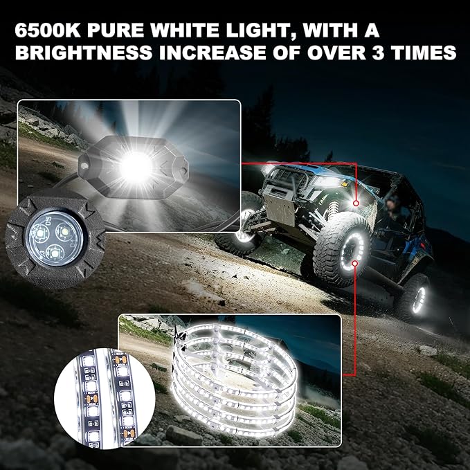 Pure White 8Pods Rock Lights and 17inch Double Row Wheel Ring Lights Combo 6000K LED Underglow Light and Rim Light Kit Fit for Trucks, Pickup