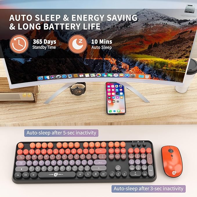 Wireless Keyboard and Mouse Combo, 104 Round Keys Cute Colorful Keyboard and Mouse with Retro Typewriter for PC Mac Laptop Tablet Computer Windows Black Red