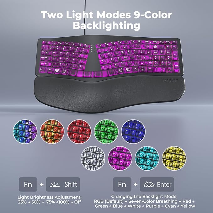MEETION Ergonomic Keyboard Wired, 7 Colors Transparent Backlit, 4 Brightness, 1 RGB Breathing Backlit, Comfortable Wrist Rest Cushion, USB-A/USB-C Adapter Ergo Keyboard for Windows Mac Computer Laptop