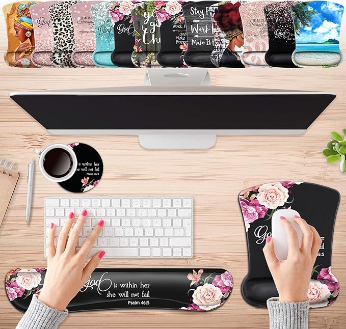 Keyboard Wrist Rest Pad and Ergonomic Mouse Pad Wrist Support Set Psalm 46:5 God is Within Her, She Will Not Fall Peony Flower for Gaming , Office, Comfortable and Pain Relief with Coaster Set