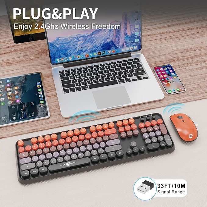 Wireless Keyboard and Mouse Combo, 2.4G USB Cordless Round Keyboard and Mouse for Laptop Computer TV (102 Keys Black Orange)