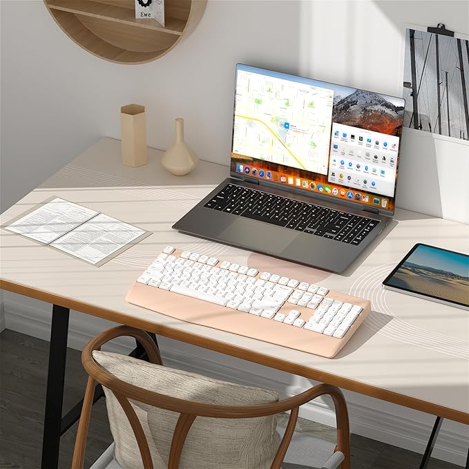 Wireless Bluetooth Keyboard, Ergonomic Wireless Keyboard with Wrist Rest, 2.4GHz & Bluetooth Dual-Mode Compatibility for PC, Laptop, Windows, Mac, and More (White Milk Tea)