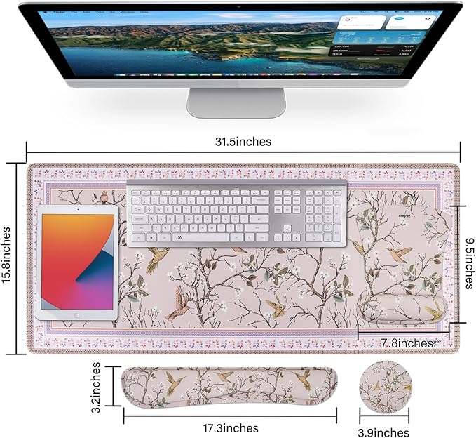 MEGREZ 4-in-1 Ergonomic Memory Foam Wrist Rest Set, Desk Pad, Mouse Pad with Wrist Rest, Keyboard Pad, Suitable for Office Workers, Programmers & Gamers–Relieve Typing & Gaming Fatigue, Light Brown