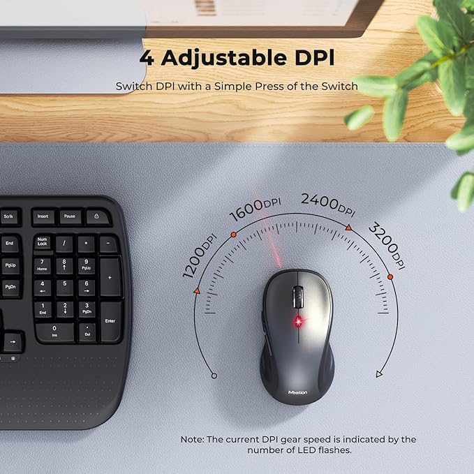 MEETION Ergonomic Keyboard and Mouse Wireless Combo, Wave Keys Natural Typing, 2.4G USB Receiver Wireless Keyboard with Wrist Rest, 4 Adjustable DPI Optical Mouse, Computer/Laptop/Windows/Mac, Black