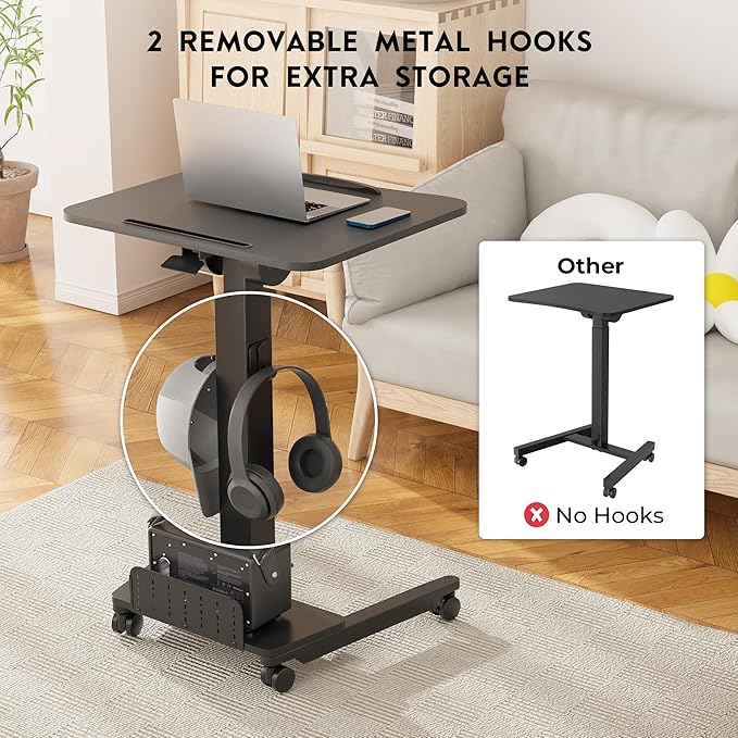 BONTEC Mobile Standing Desk Adjustable Height, Rolling Laptop Cart with Storage Shelf, Hooks, Portable Workstation with Pneumatic Lift, Ergonomic Compact Home Office Desk, Black 23.6" x 20.5"