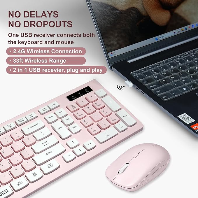 Wireless Keyboard and Mouse Combo, Reccazr 2.4G Full-Sized Keyboard and Mouse Cordless, 3 DPI Adjustable Mouse, Dual-System Keyboard for Computer/Laptop/Windows/Mac (Pink & White)