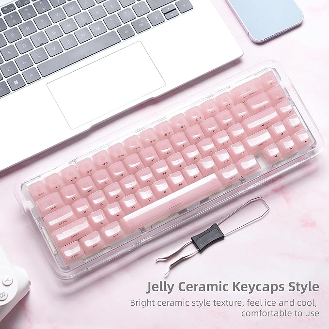 Womier Keycaps Jelly Pink - Ceramic Keycaps Style, Clear Keyboard Key Cap, Transparent Side Printed Custom 60 65 75 100 Percent for Cherry MX, Outemu, Gateron Mechanical Keyboards(MDA Profile)