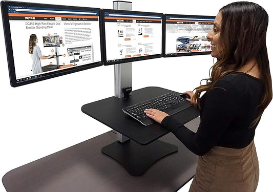 Victor DC475 High Rise Electric Triple Monitor Standing Desk Converter | Three Large Monitor Sit-Stand Desk | 28” Wide Work Surface | Compatible with Any Standard Desk | Adjustable Monitor Holder