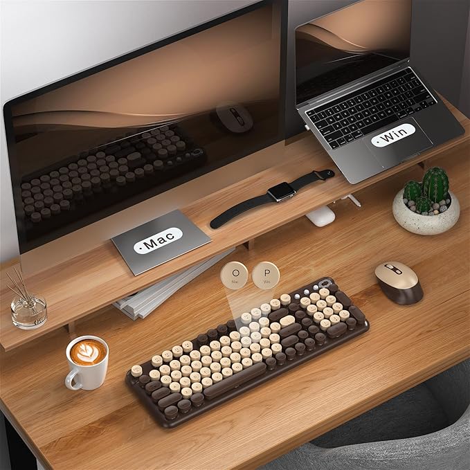 Wireless Keyboard and Mouse Combo, Full-Size Retro Typewriter Keyboard Style, 2.4GHz USB Receiver, Plug-and-Play, Keyboard Mouse Set for Computer, Laptop, Windows, Mac, and PC (Coffee)