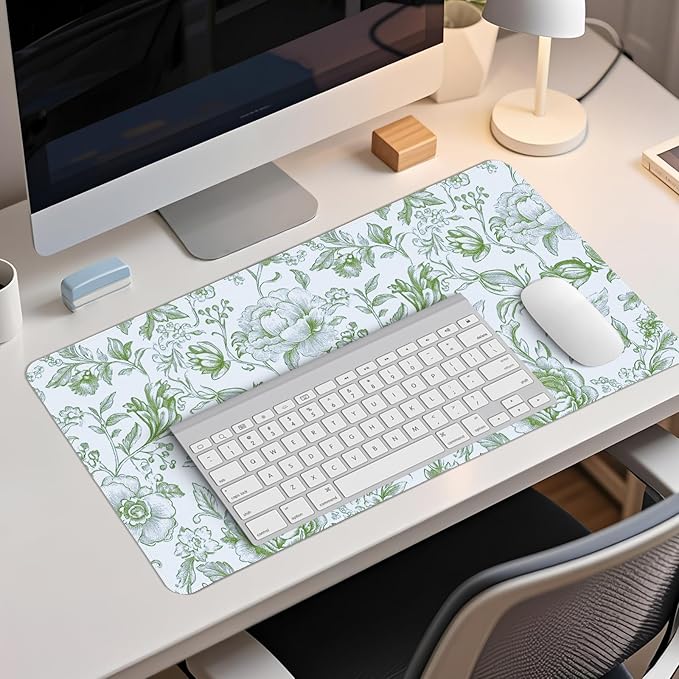 Sage Green Chinoiserie Mouse Pad,Sage Green Floral Desk Mat,XL Large Greens Floral Preppy Trendy Mouse Pad,Girly Gaming Mousepad,Girly Laptop Desk Mat for Dorm Home Office,23.6x11.8 Inch
