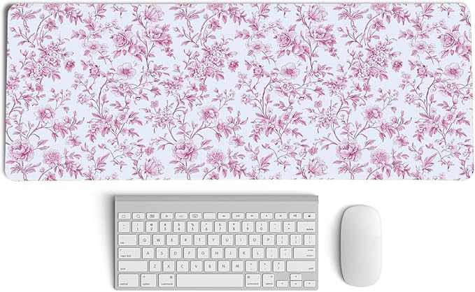 Pink Chinoiserie Mouse Pad,Vintage Pink and White Floral Desk Mat,XL Large Vintage Flowers Preppy Mouse Pad,Girly Laptop Desk Mat for Dorm Home Office,31.5x11.8 Inch