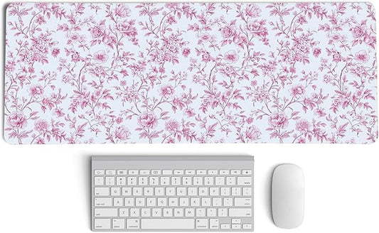 Pink Chinoiserie Mouse Pad,Vintage Pink and White Floral Desk Mat,XL Large Vintage Flowers Preppy Mouse Pad,Girly Laptop Desk Mat for Dorm Home Office,31.5x11.8 Inch