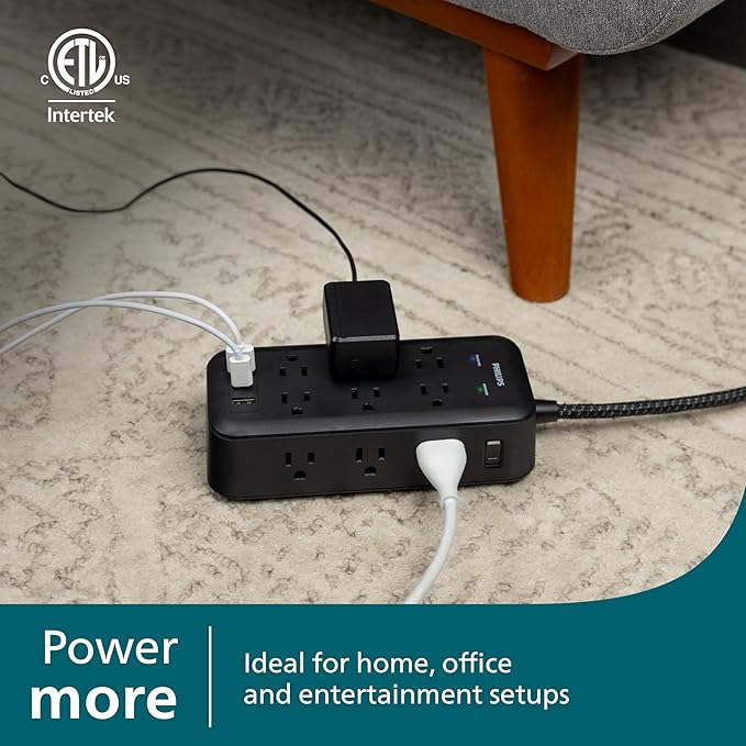 Philips Surge Protector, 12 Outlet, 2 USB-A, 1 USB-C, 17W, 3120J, Braided Cord, 8ft, Black
