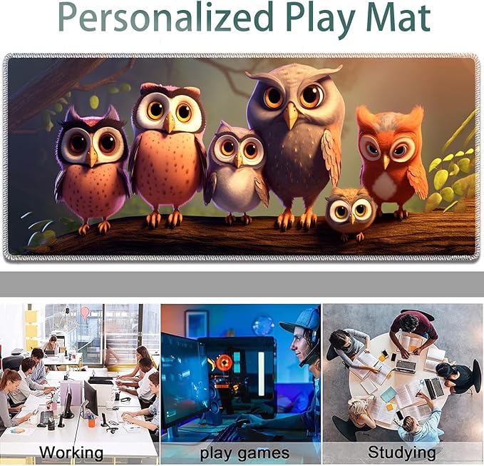 Large Gaming Mouse Pad + Keyboard Wrist Rest + Wrist Support + Coaster Set, Memory Foam Ergonomic for Easy Typing, XXL Extended Gaming Mouse Pad Table Pad - Cute Owl