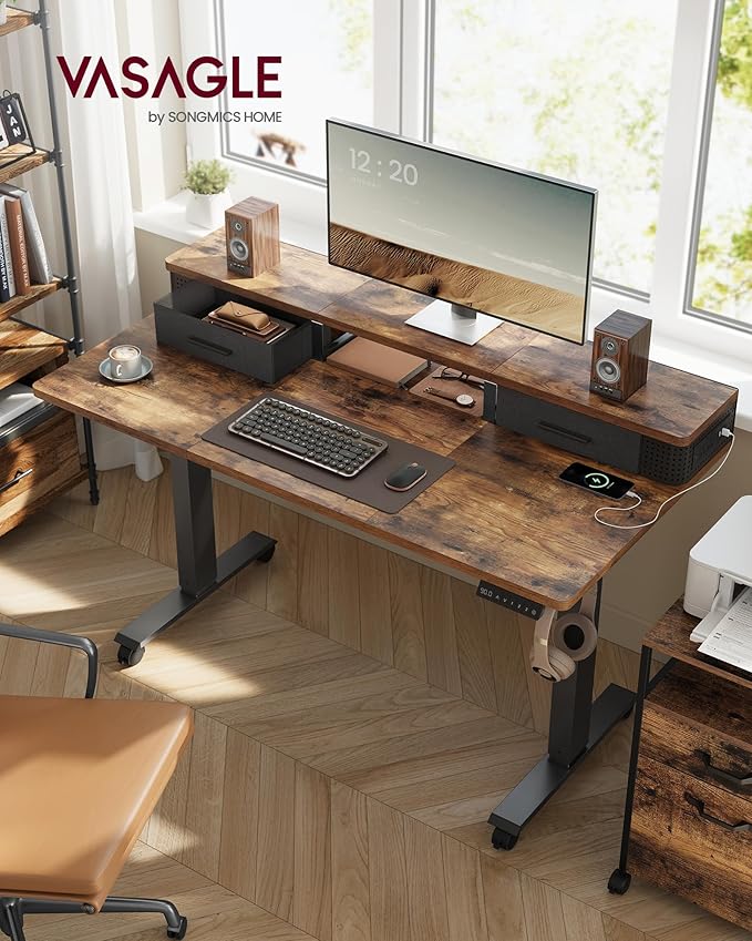 VASAGLE Electric Standing Desk with Drawers, Sit Stand Desk with Built-in Power Strip, Adjustable Height, 47.2 x 23.6 Inches, 2 Hooks, Memory Function, for Home Office, Rustic Brown ULSD182KD01